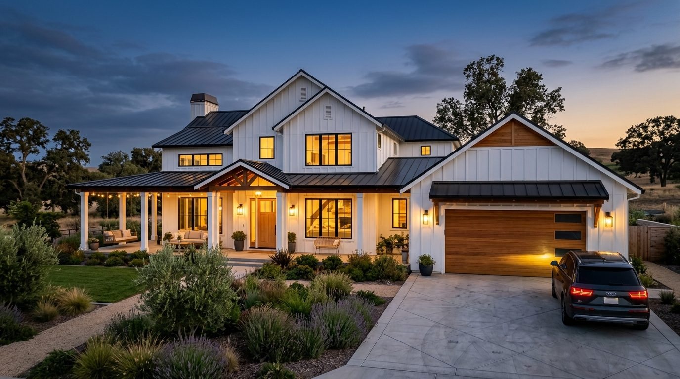Alba Smart Garage Door Exterior Closed Garage Door at Twilight