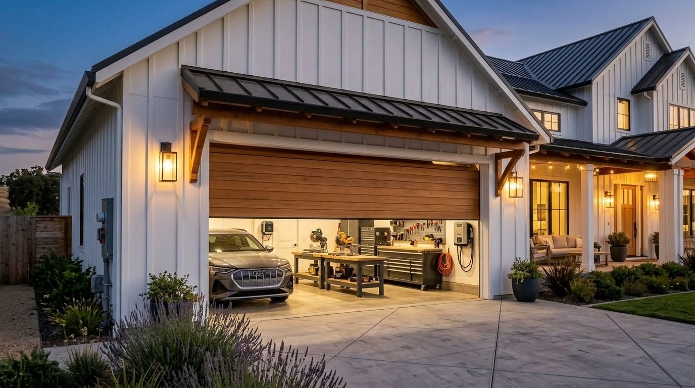 Alba Smart Garage Door Garage Door Gliding Open Revealing Warm Illuminated Interior